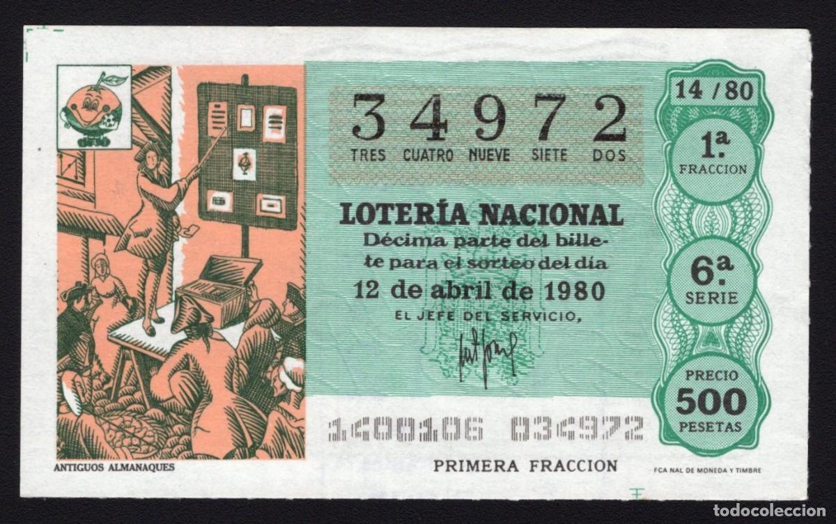 Loter&iacute;a Nacional: L. Nacional 12 Abril 1980. Antiguos Almanaques. N&ordm; 34972. Admon 12 Conchita. Madrid. Desaparecida.