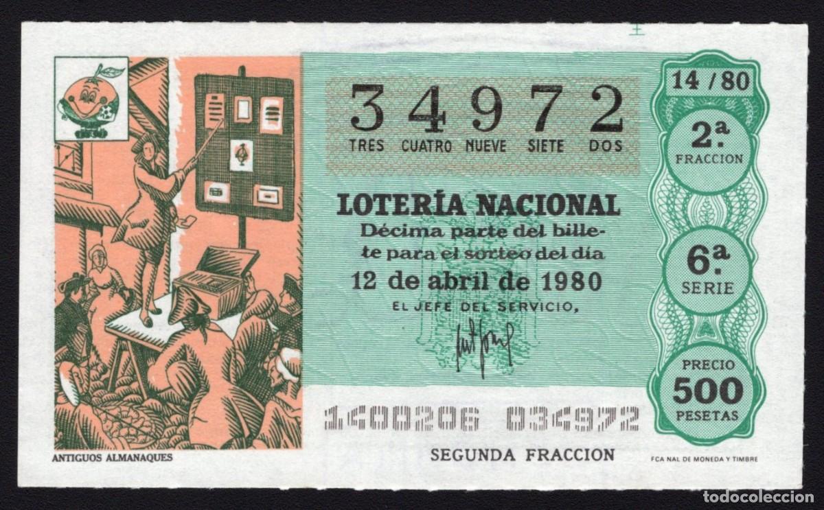 Loter&iacute;a Nacional: L. Nacional 12 Abril 1980. Antiguos Almanaques. N&ordm; 34972. Admon 12 Conchita. Madrid. Desaparecida.
