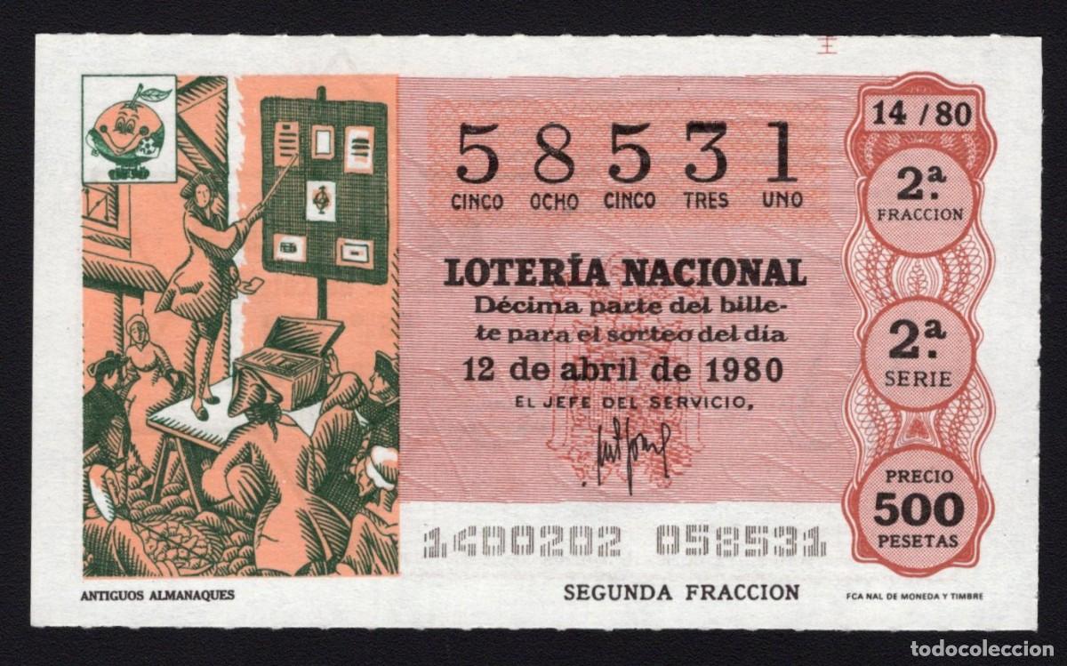 Loter&iacute;a Nacional: L. Nacional 12 Abril 1980. Antiguos Almanaques. N&ordm; 58531. Admon. 110 La Estrella. Madrid. Desapareci