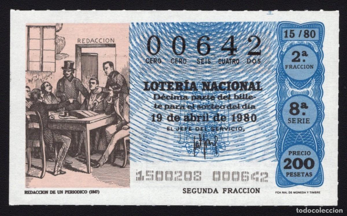 Loter&iacute;a Nacional: L. Nacional 19 Abril 1980. Redacci&oacute;n Peri&oacute;dico. n&ordm; 00642. Admon Amparito. Madrid. Desaparecida.