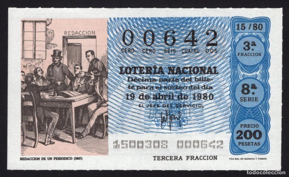 Loter&iacute;a nacional: L. Nacional 19 Abril 1980. Redacci&oacute;n Peri&oacute;dico. n&ordm; 00642. Admon Amparito. Madrid. Desaparecida.