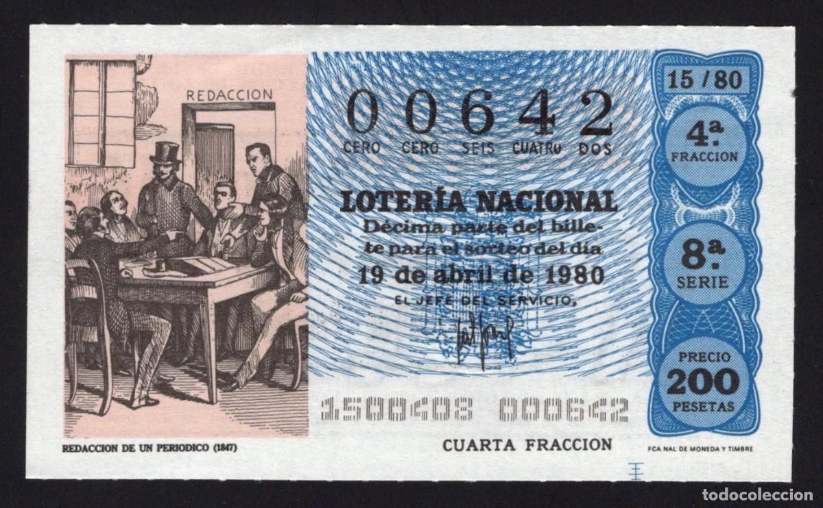 Loter&iacute;a nacional: L. Nacional 19 Abril 1980. Redacci&oacute;n Peri&oacute;dico. n&ordm; 00642. Admon Amparito. Madrid. Desaparecida.