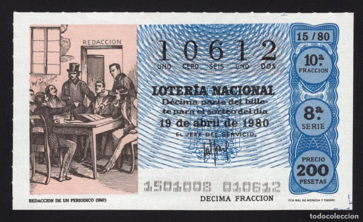 Loter&iacute;a nacional: L. Nacional 19 Abril 1980. Redacci&oacute;n Peri&oacute;dico. n&ordm; 10612. Admon 65. Embajadores. Madrid. Cambio nomb