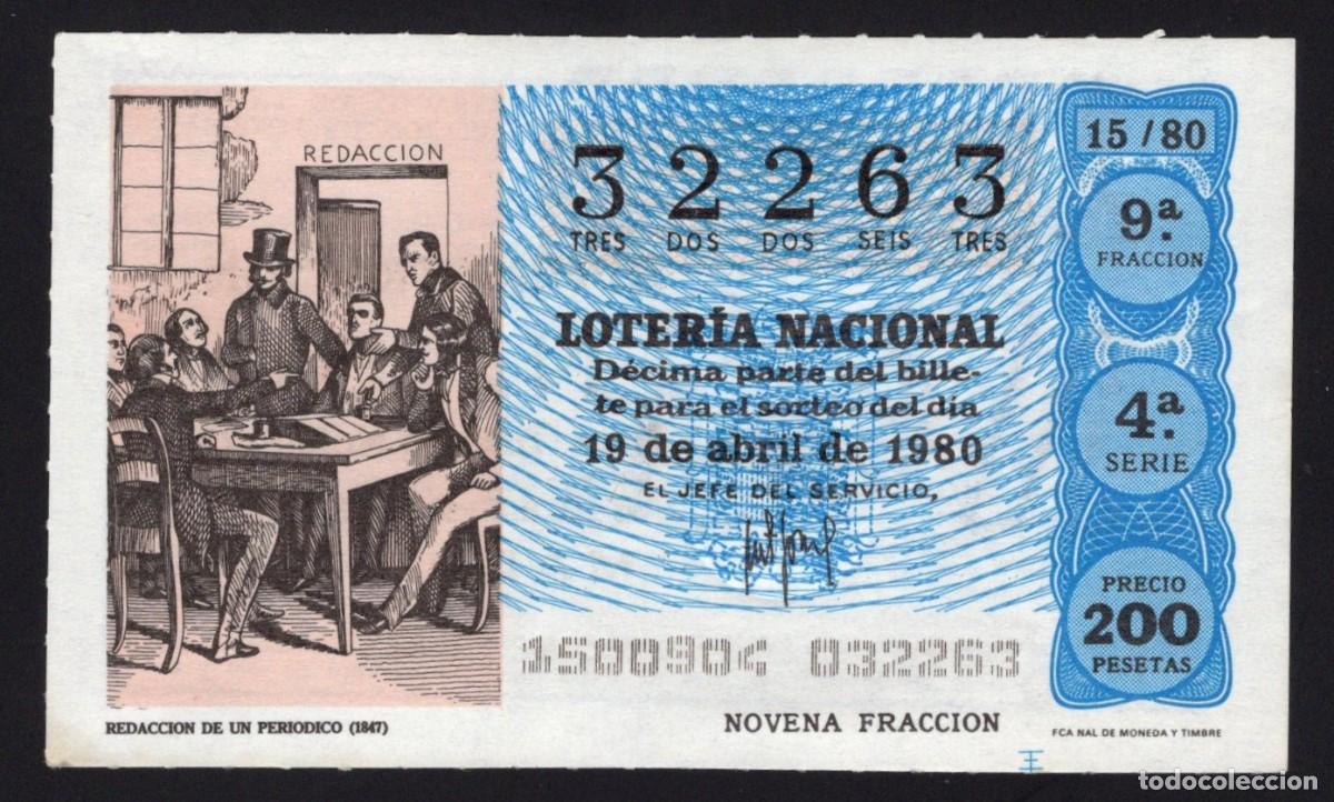 Loter&iacute;a nacional: L. Nacional 19 Abril 1980. Redacci&oacute;n Peri&oacute;dico. n&ordm; 32263. Admon 51. Madrid. Desaparecida.