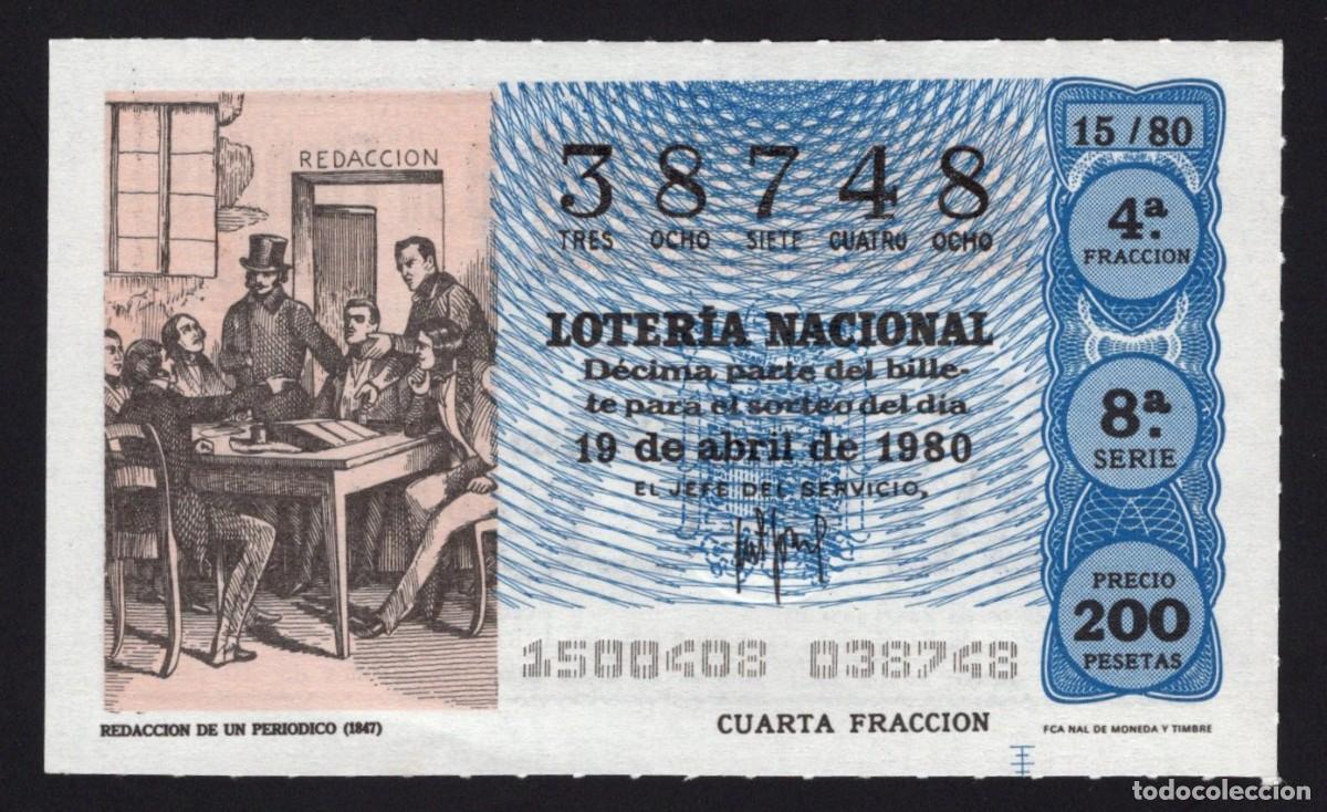 Loter&iacute;a nacional: L. Nacional 19 Abril 1980. Redacci&oacute;n Peri&oacute;dico (1847). N&ordm; 38748. Admon. 125 La Pica en Flandes. Madr
