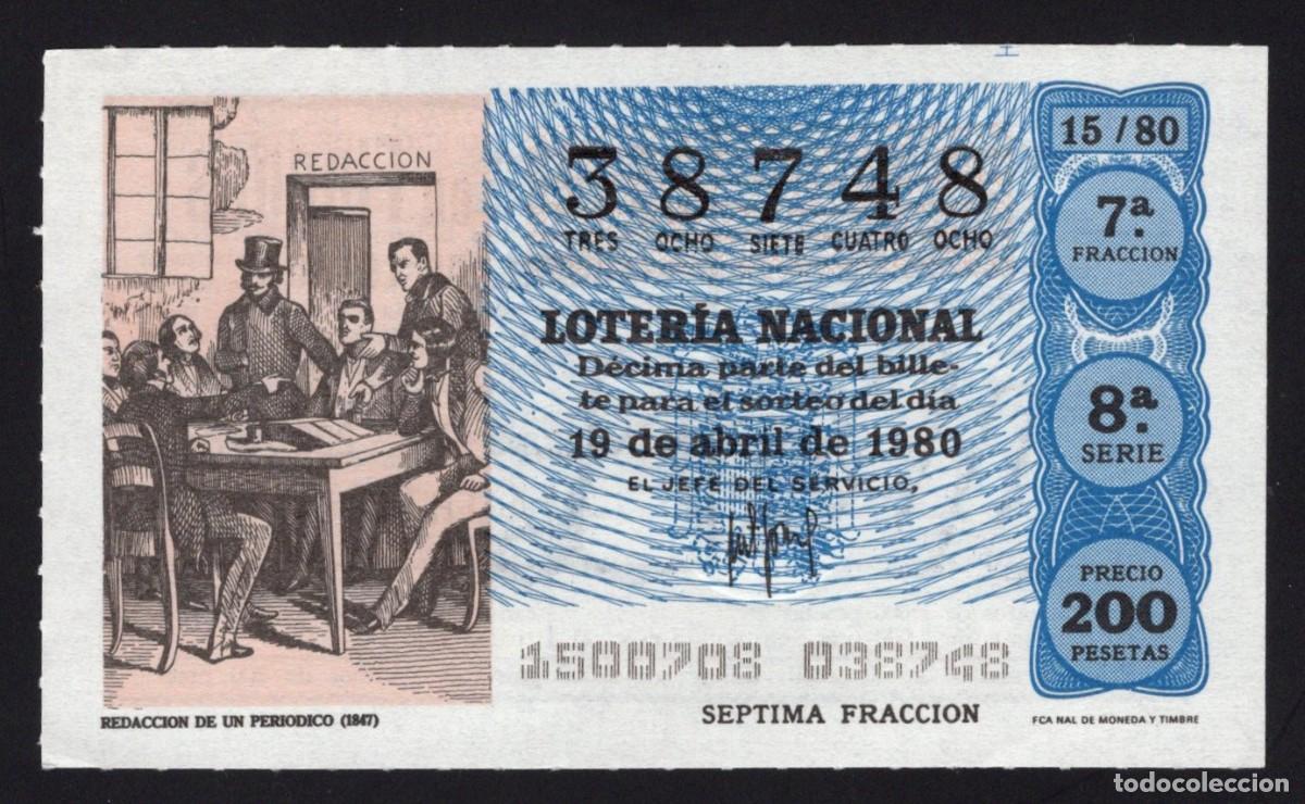 Loter&iacute;a nacional: L. Nacional 19 Abril 1980. Redacci&oacute;n Peri&oacute;dico (1847). N&ordm; 38748. Admon. 125 La Pica en Flandes. Madr
