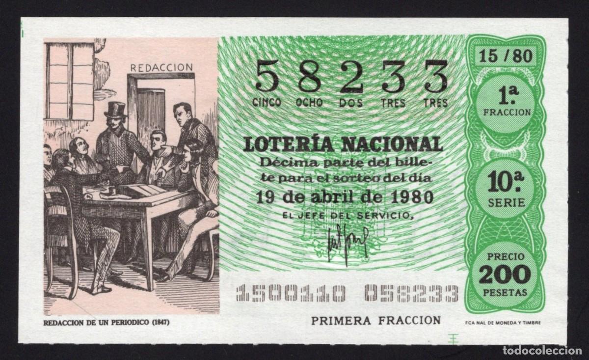 Loter&iacute;a nacional: L. Nacional 19 Abril 1980. Redacci&oacute;n Peri&oacute;dico (1847). N&ordm; 58233. Admon 12 Conchita. Madrid. Desapare