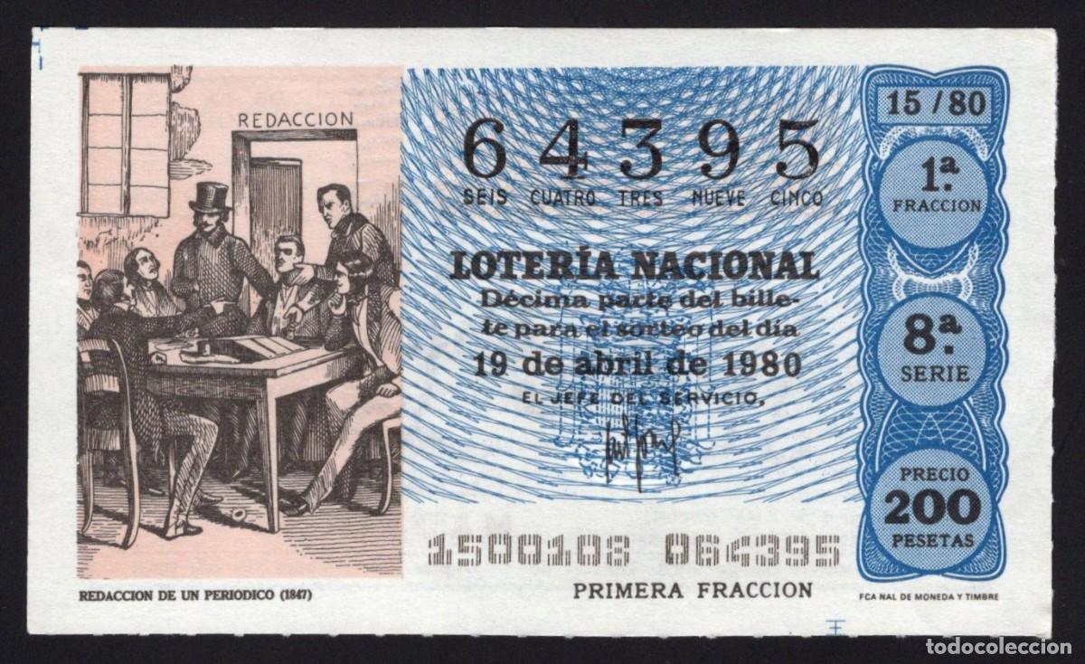 Loter&iacute;a nacional: L. Nacional 19 Abril 1980. Redacci&oacute;n Peri&oacute;dico. n&ordm; 64395. Admon 12 Conchita. Madrid. Desaparecida.