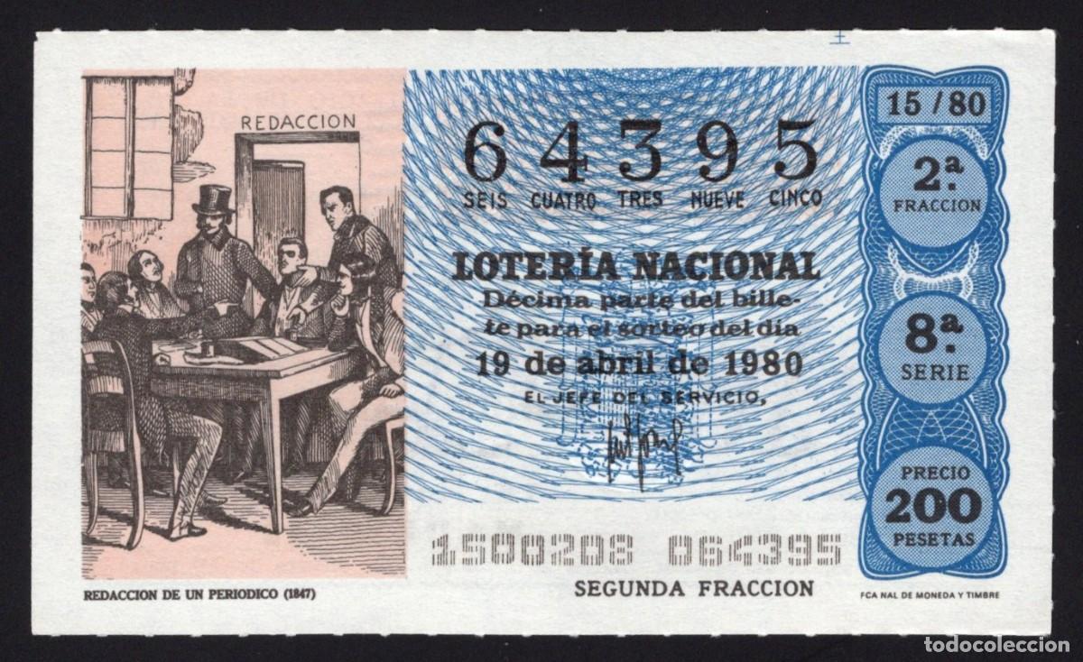 Loter&iacute;a nacional: L. Nacional 19 Abril 1980. Redacci&oacute;n Peri&oacute;dico. n&ordm; 64395. Admon 12 Conchita. Madrid. Desaparecida.