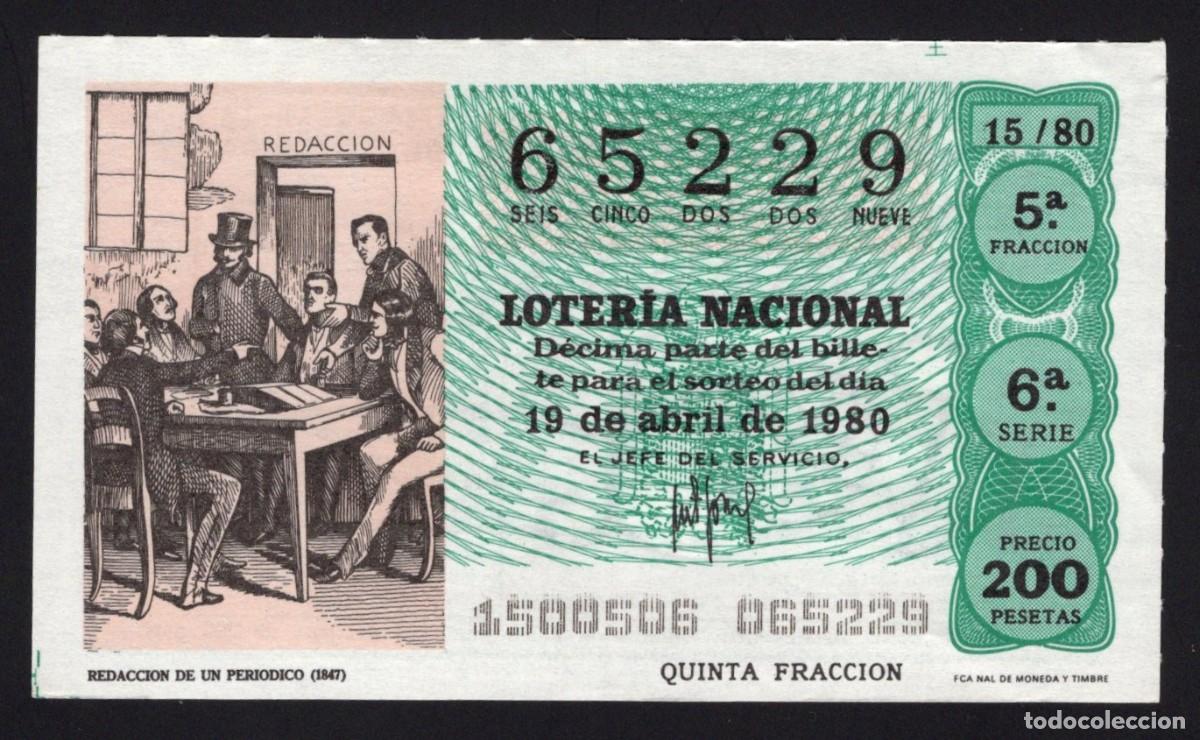 Loter&iacute;a nacional: L. Nacional 19 Abril 1980. Redacci&oacute;n de un Peri&oacute;dico. n&ordm; 65229. Admon n&ordm; 98. Madrid. Desaparecida.