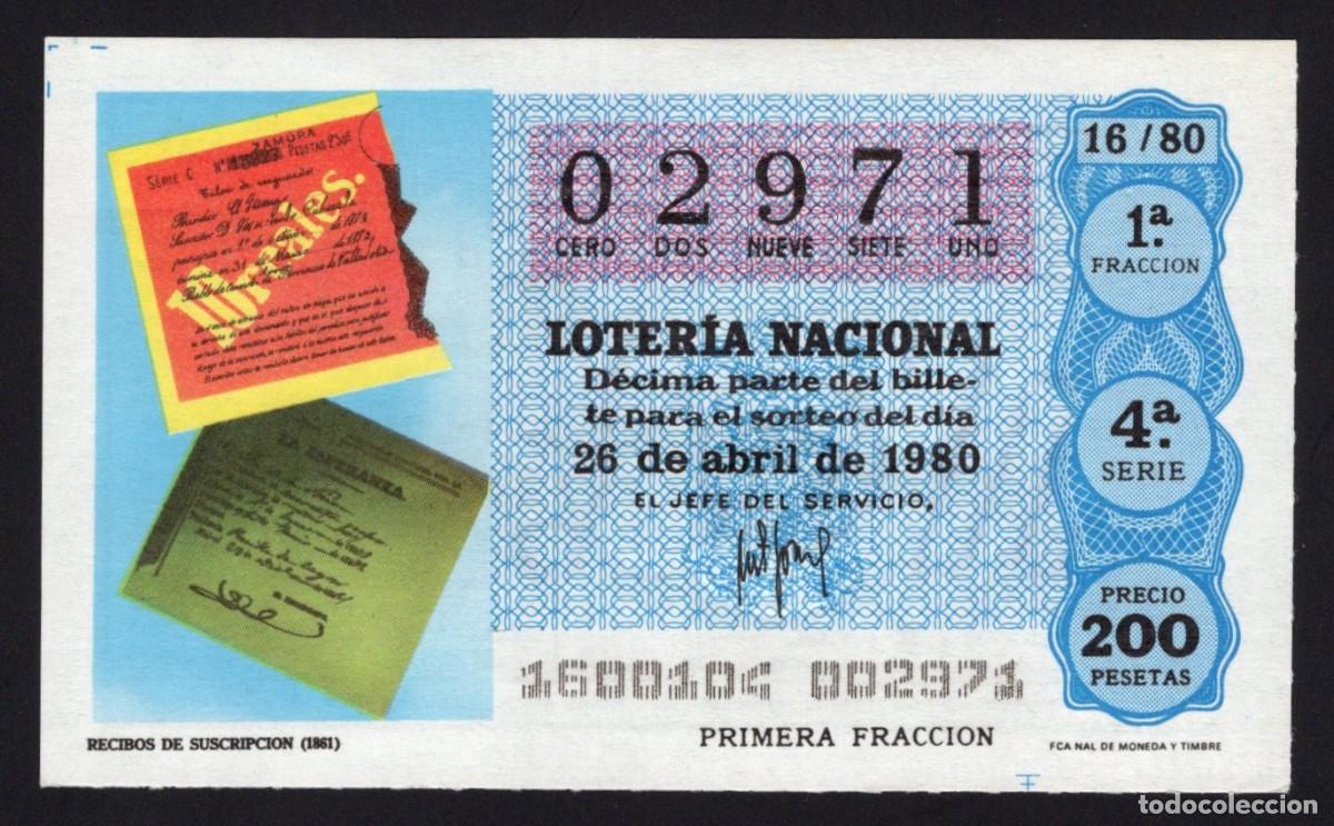 Loter&iacute;a nacional: L. Nacional 26 Abril 1980. Recibos Suscripci&oacute;n. n&ordm; 02971. Admon n&ordm; 34. Madrid. Cambio domicilio.