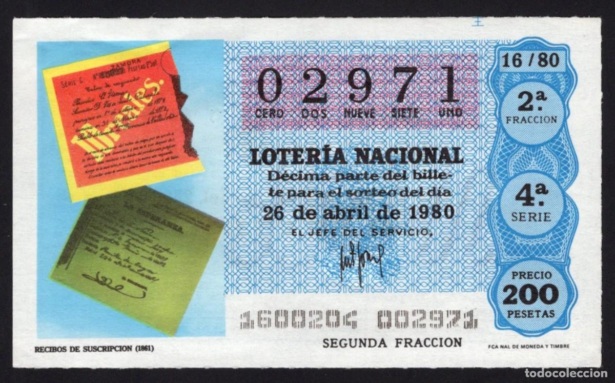 Loter&iacute;a nacional: L. Nacional 26 Abril 1980. Recibos Suscripci&oacute;n. n&ordm; 02971. Admon n&ordm; 34. Madrid. Cambio domicilio.