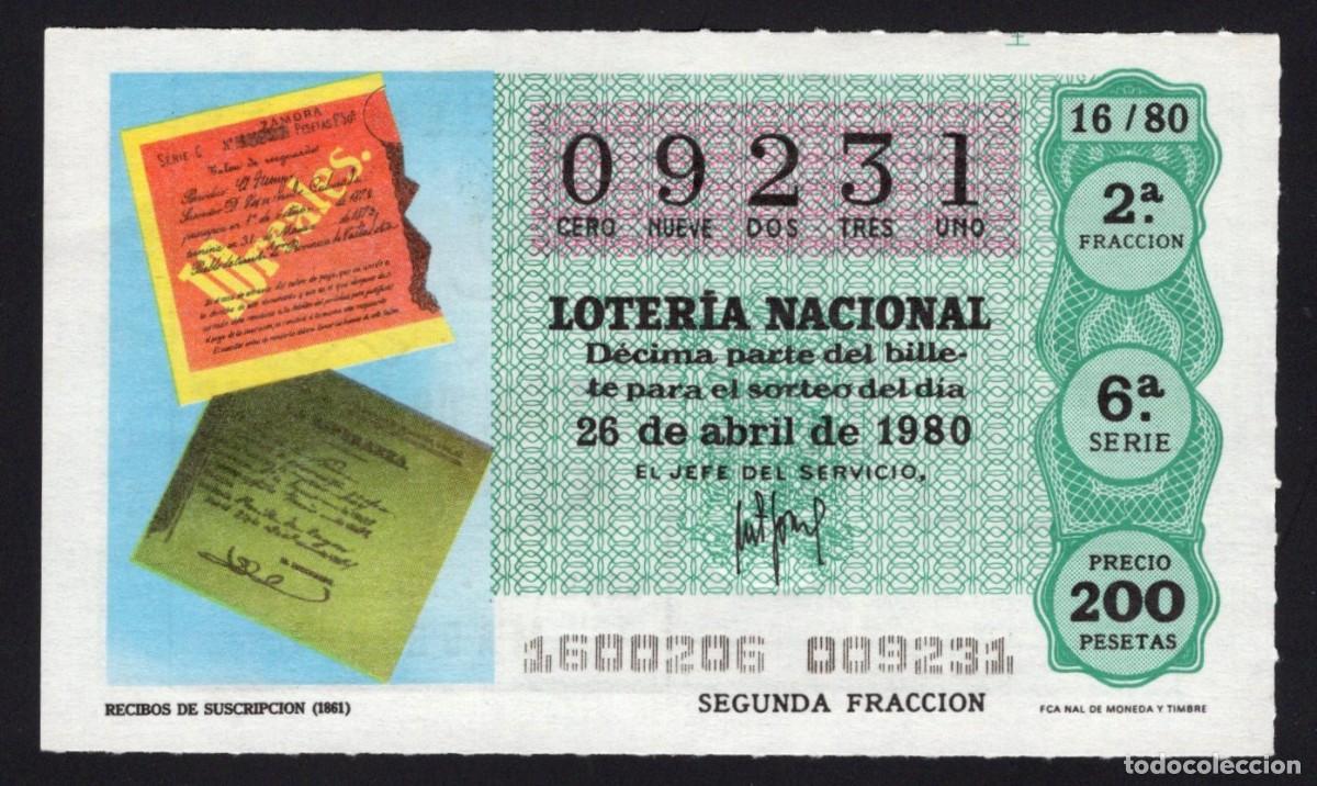 Loter&iacute;a nacional: L. Nacional 26 Abril 1980. Recibos Suscripci&oacute;n 09231. Administraci&oacute;n 86. Las Gemelas. Madrid.