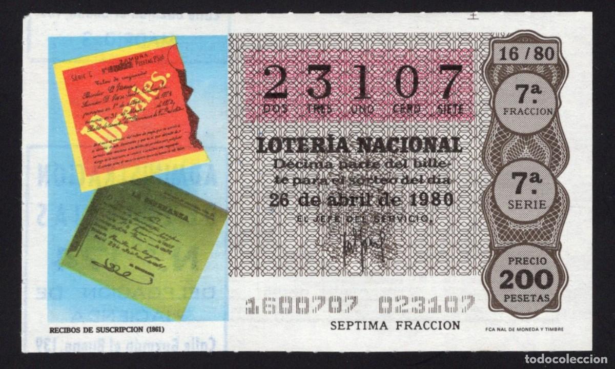 Loter&iacute;a nacional: L. Nacional 26 Abril 1980. n&ordm; 23107. Administraci&oacute;n loteria n&ordm; 174. Delegaci&oacute;n de Hacienda. Madrid.