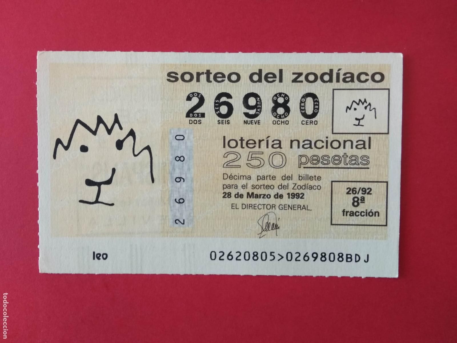 Loter&iacute;a nacional: DECIMO DE LOTERIA NACIONAL A&Ntilde;O 1992 SORTEO DEL ZODIACO N&ordm; 26 leo