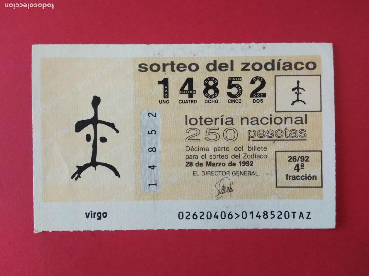 Loter&iacute;a nacional: DECIMO DE LOTERIA NACIONAL A&Ntilde;O 1992 SORTEO DEL ZODIACO N&ordm; 26 VIRGO