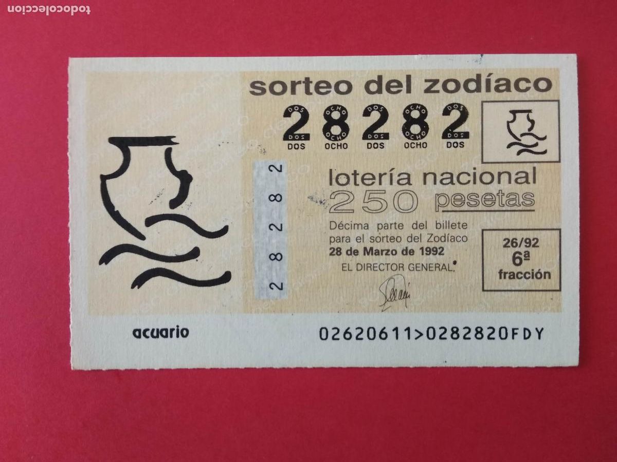 Loter&iacute;a nacional: DECIMO DE LOTERIA NACIONAL A&Ntilde;O 1992 SORTEO DEL ZODIACO N&ordm; 26 ACUARIO