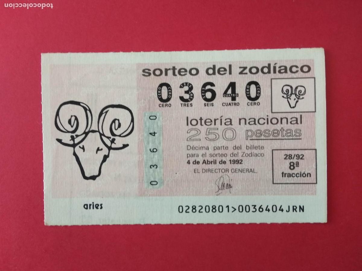 Loter&iacute;a nacional: DECIMO DE LOTERIA NACIONAL A&Ntilde;O 1992 SORTEO DEL ZODIACO N&ordm; 28 ARIES