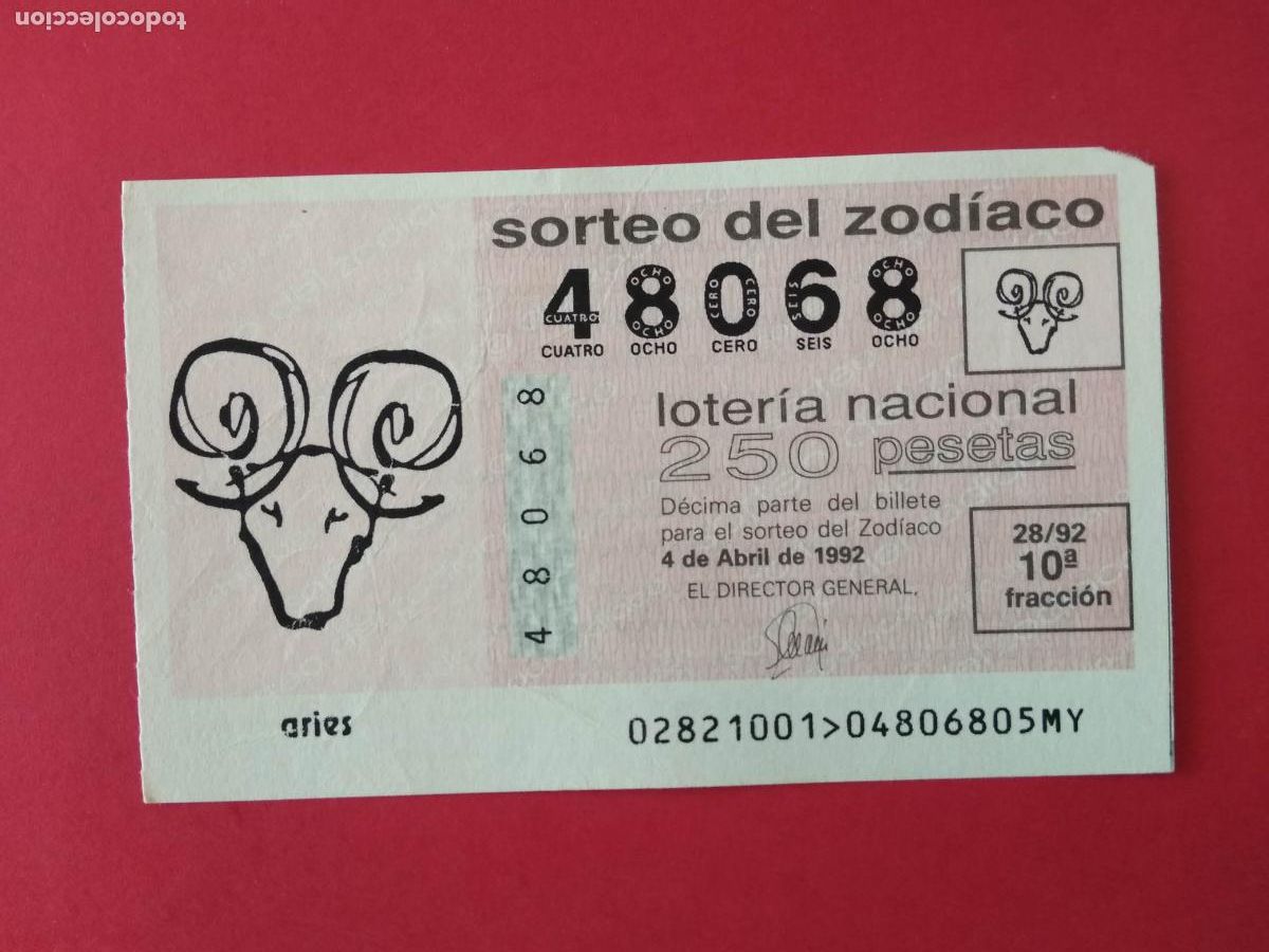 Loter&iacute;a nacional: DECIMO DE LOTERIA NACIONAL A&Ntilde;O 1992 SORTEO DEL ZODIACO N&ordm; 28 ARIES