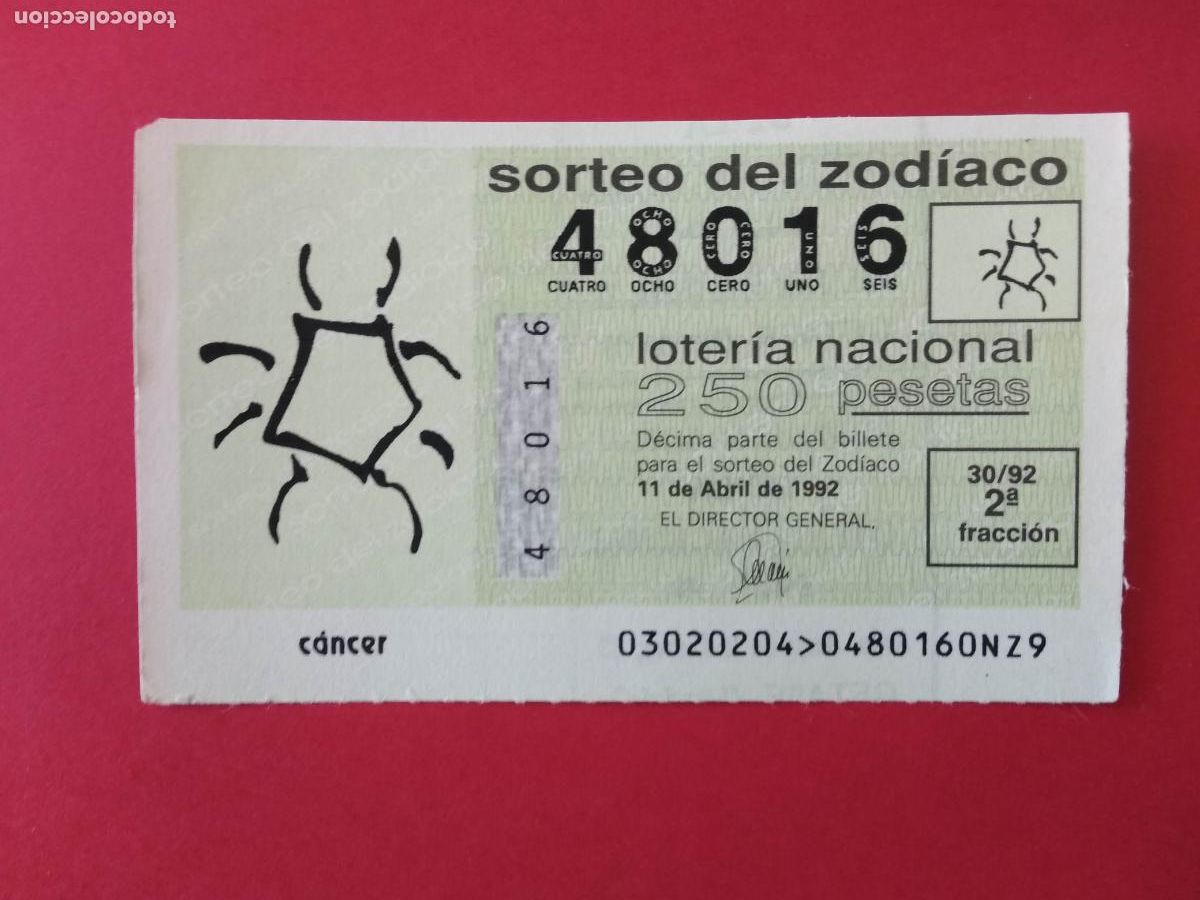 Loter&iacute;a nacional: DECIMO DE LOTERIA NACIONAL A&Ntilde;O 1992 SORTEO DEL ZODIACO N&ordm; 30 CANCER