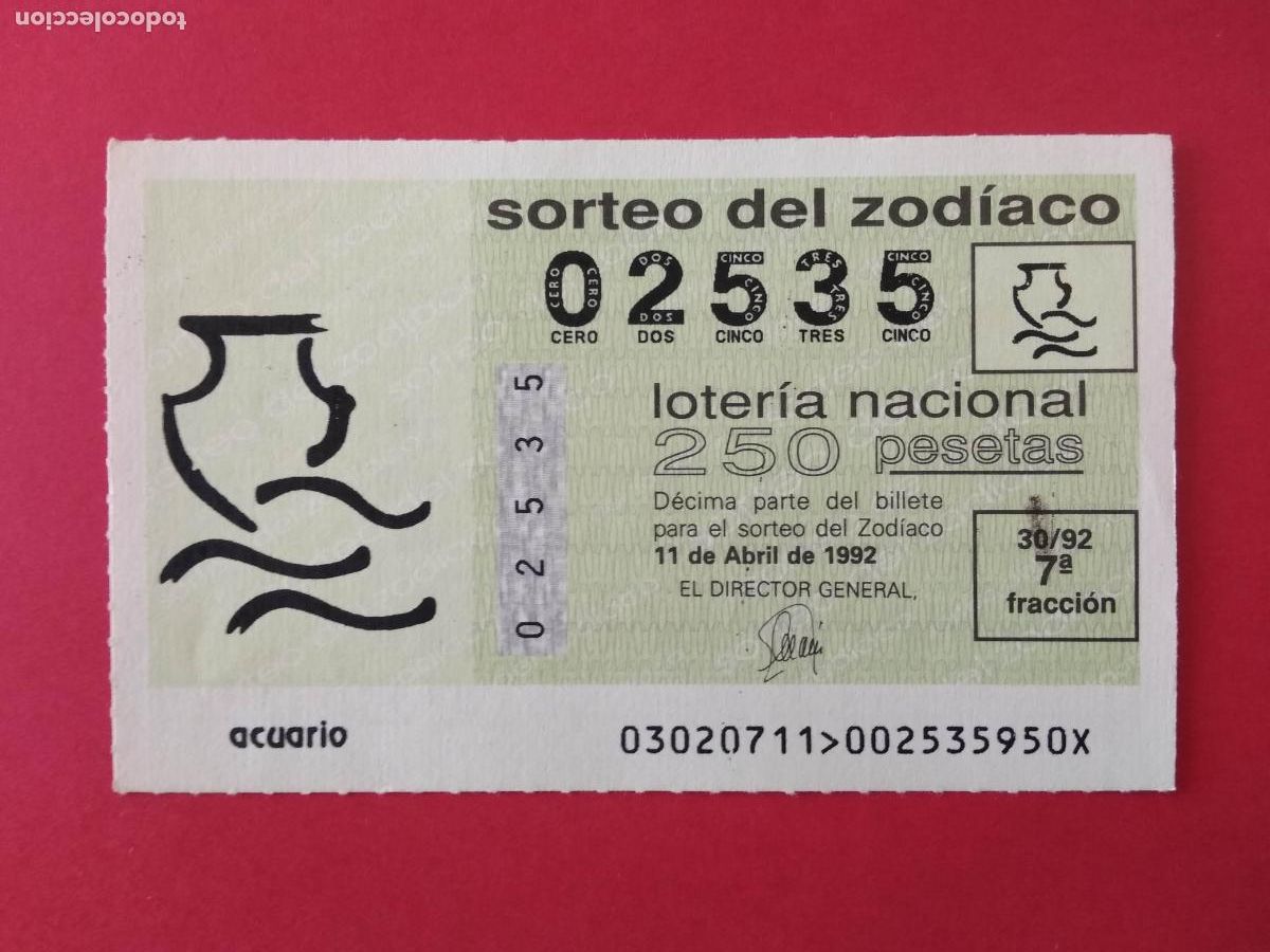 Loter&iacute;a nacional: DECIMO DE LOTERIA NACIONAL A&Ntilde;O 1992 SORTEO DEL ZODIACO N&ordm; 30 ACUARIO