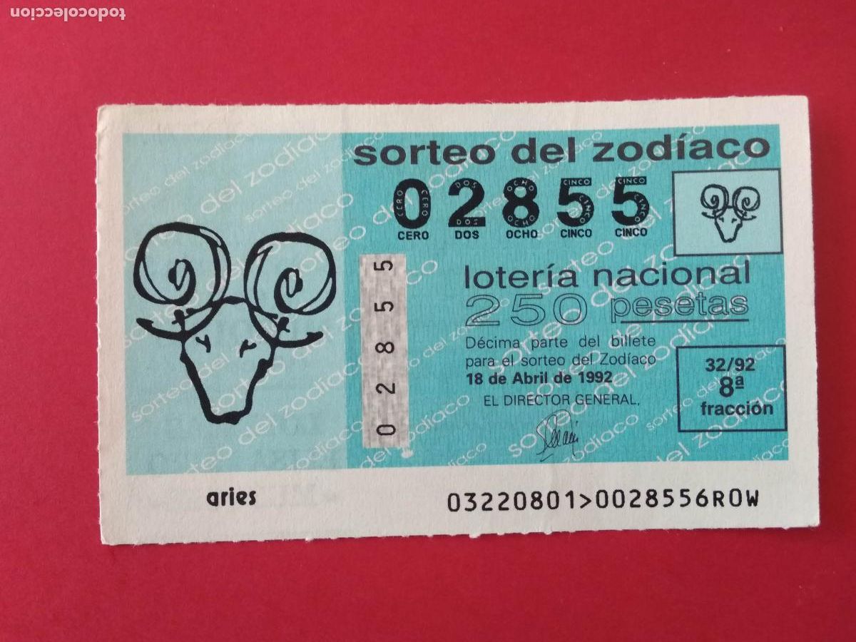 Loter&iacute;a nacional: DECIMO DE LOTERIA NACIONAL A&Ntilde;O 1992 SORTEO DEL ZODIACO N&ordm; 32 ARIES
