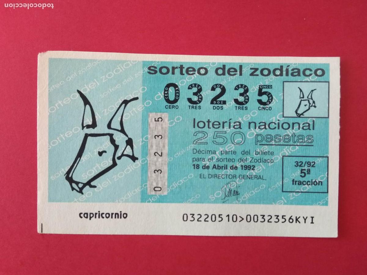 Loter&iacute;a nacional: DECIMO DE LOTERIA NACIONAL A&Ntilde;O 1992 SORTEO DEL ZODIACO N&ordm; 32 CAPRICORNIO
