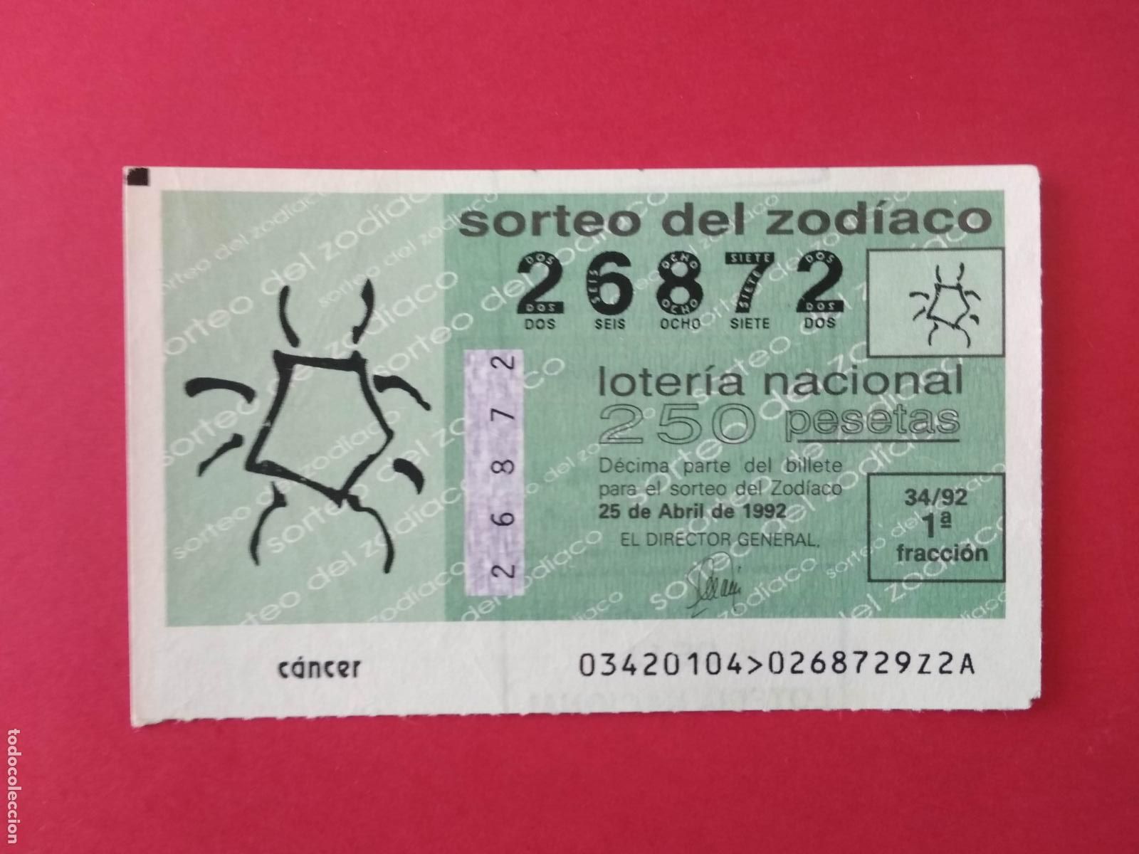 Loter&iacute;a nacional: DECIMO DE LOTERIA NACIONAL A&Ntilde;O 1992 SORTEO DEL ZODIACO N&ordm; 34 CANCER