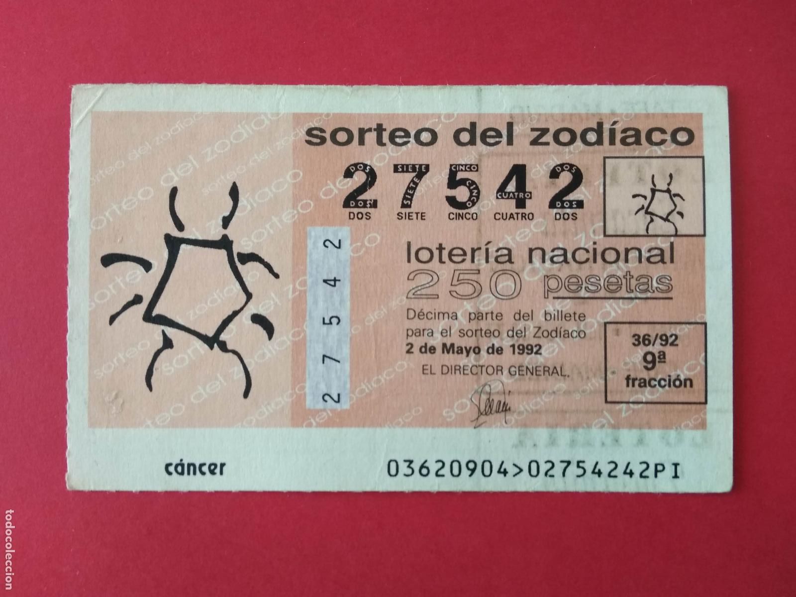 Loter&iacute;a nacional: DECIMO DE LOTERIA NACIONAL A&Ntilde;O 1992 SORTEO DEL ZODIACO N&ordm; 36 CANCER