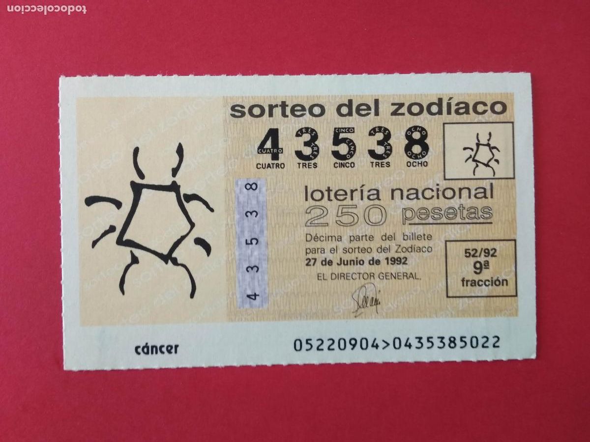 Loterie Nationale: DECIMO DE LOTERIA NACIONAL A&Ntilde;O 1992 SORTEO DEL ZODIACO N&ordm; 52 CANCER