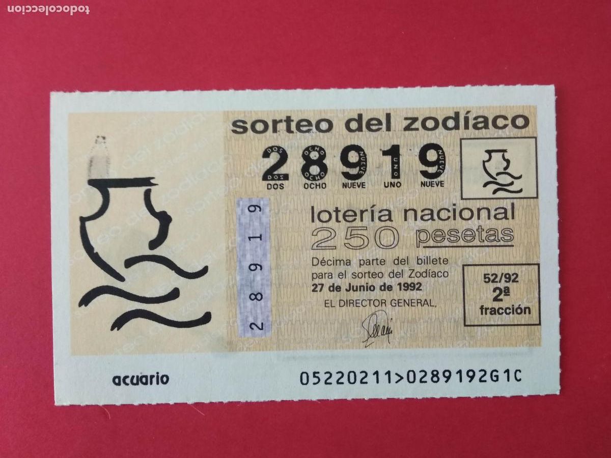Loterie Nationale: DECIMO DE LOTERIA NACIONAL A&Ntilde;O 1992 SORTEO DEL ZODIACO N&ordm; 52 ACUARIO
