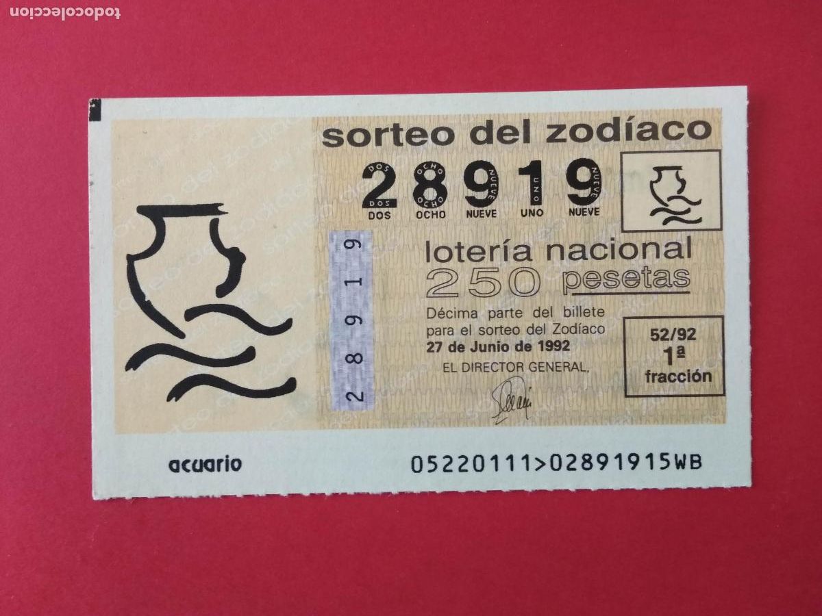 Loter&iacute;a nacional: DECIMO DE LOTERIA NACIONAL A&Ntilde;O 1992 SORTEO DEL ZODIACO N&ordm; 52 ACUARIO