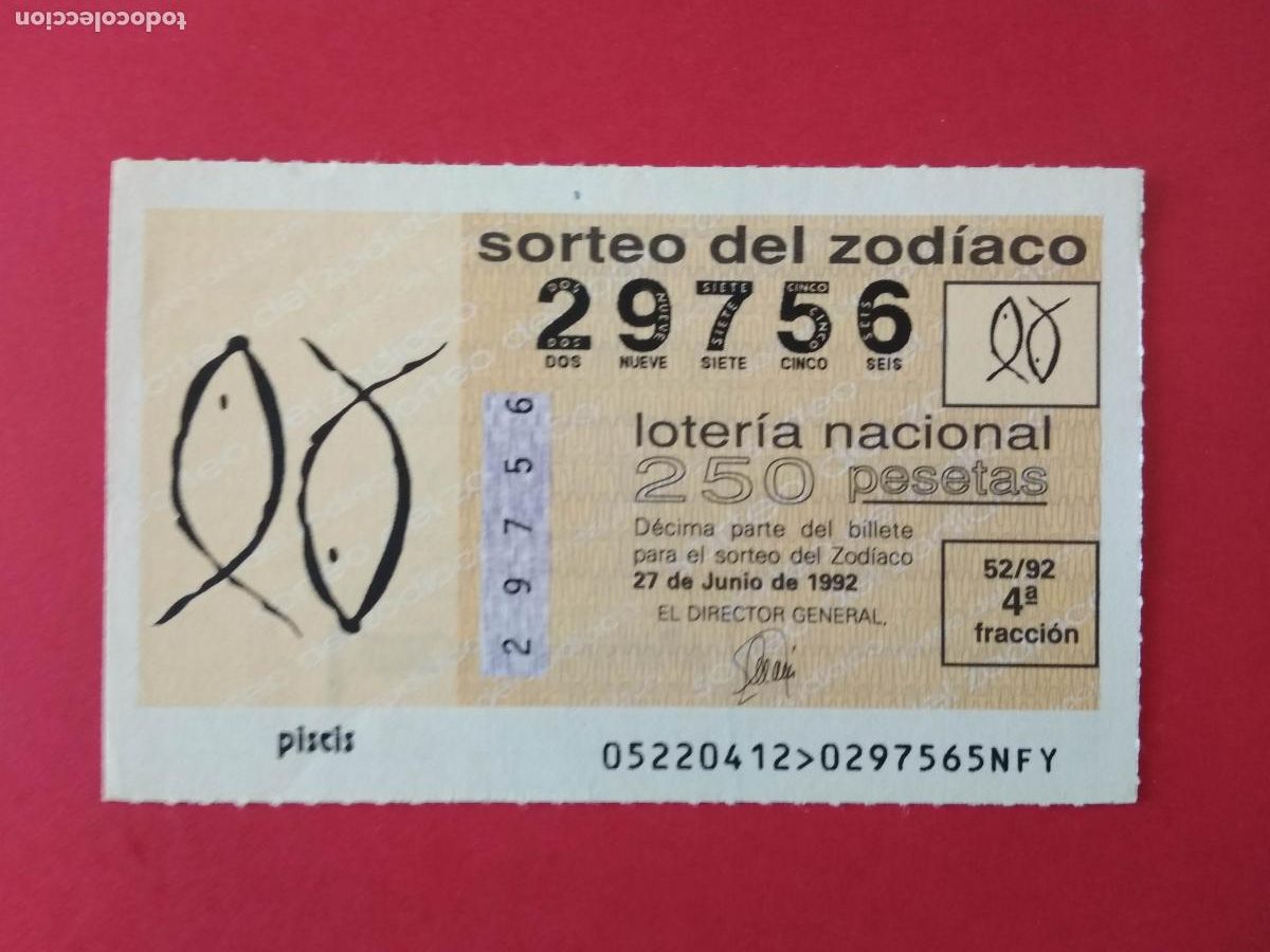 Loter&iacute;a nacional: DECIMO DE LOTERIA NACIONAL A&Ntilde;O 1992 SORTEO DEL ZODIACO N&ordm; 52 PISCIS