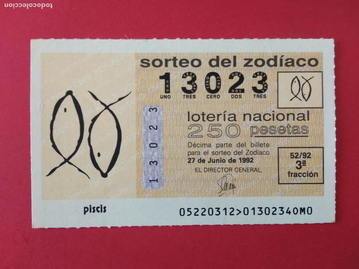 Loter&iacute;a nacional: DECIMO DE LOTERIA NACIONAL A&Ntilde;O 1992 SORTEO DEL ZODIACO N&ordm; 52 PISCIS