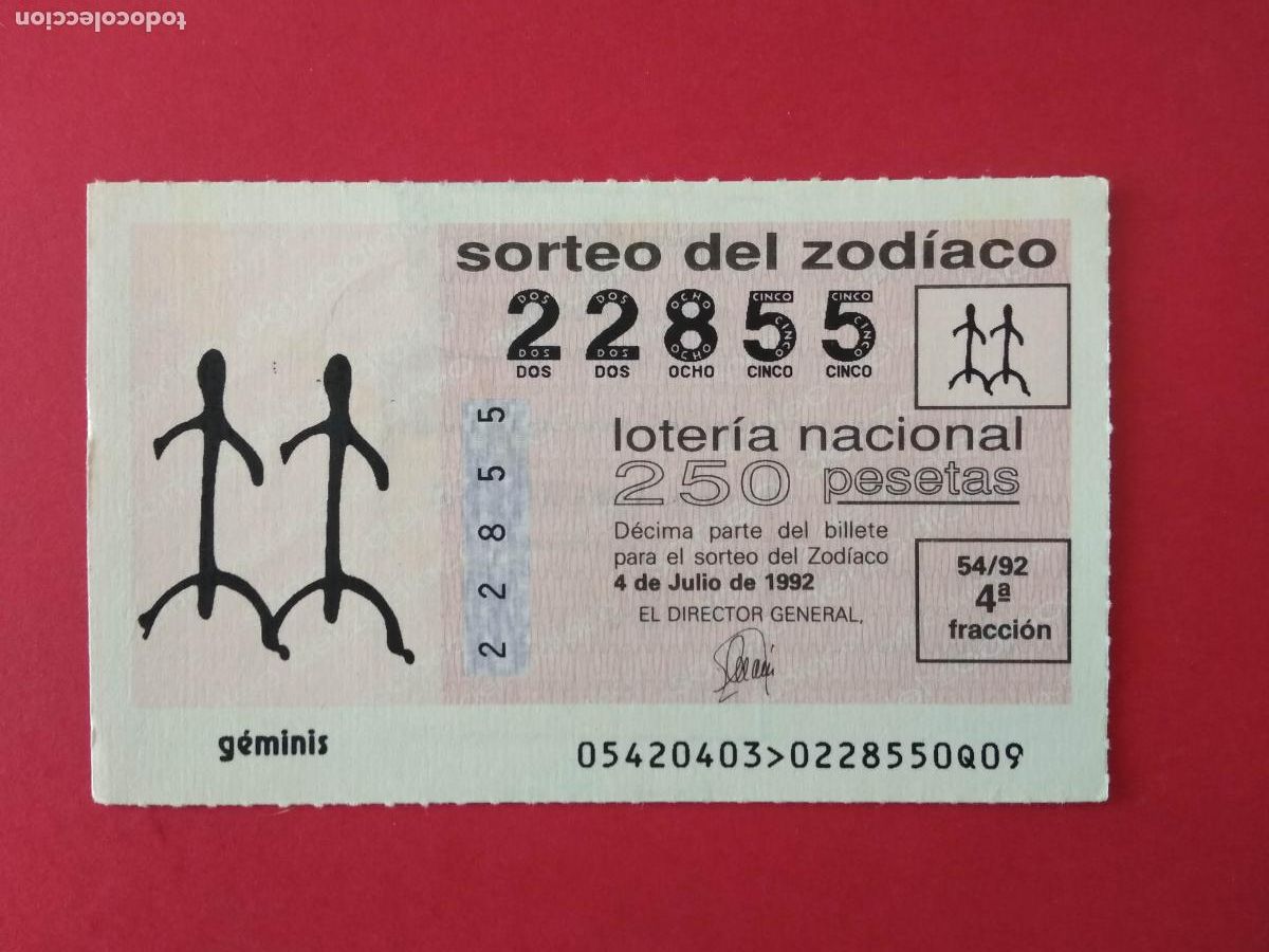 Loter&iacute;a nacional: DECIMO DE LOTERIA NACIONAL A&Ntilde;O 1992 SORTEO DEL ZODIACO N&ordm; 54 GEMINIS