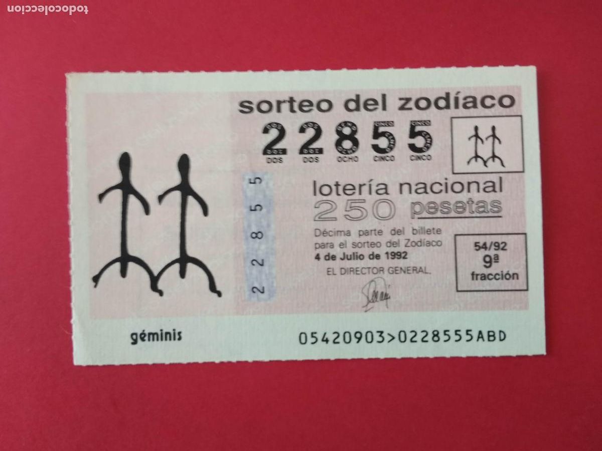 Loterie Nationale: DECIMO DE LOTERIA NACIONAL A&Ntilde;O 1992 SORTEO DEL ZODIACO N&ordm; 54 GEMINIS