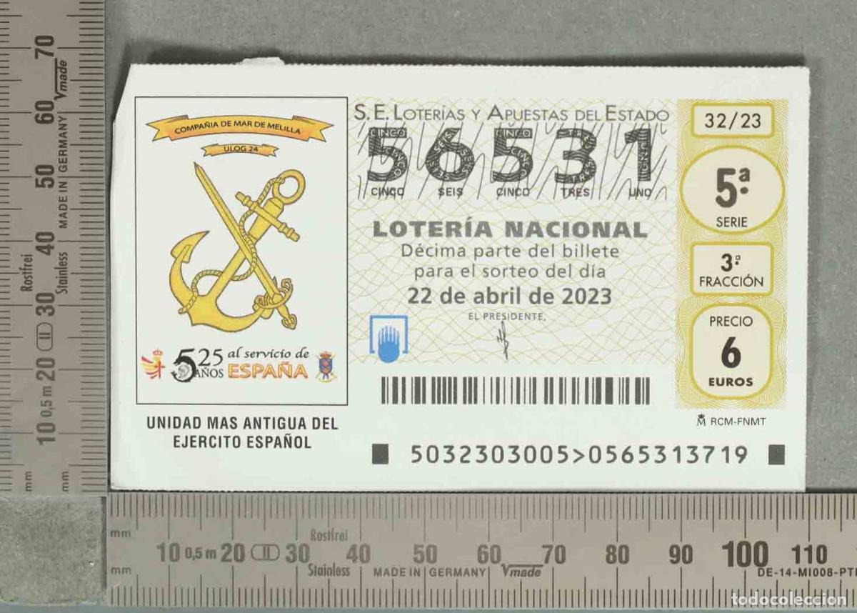 Loter&iacute;a nacional: DECIMO LOTERIA. D&eacute;cimo Loter&iacute;a Nacional - Compa&ntilde;&iacute;a de Mar de Melilla -22 de abril de 2023