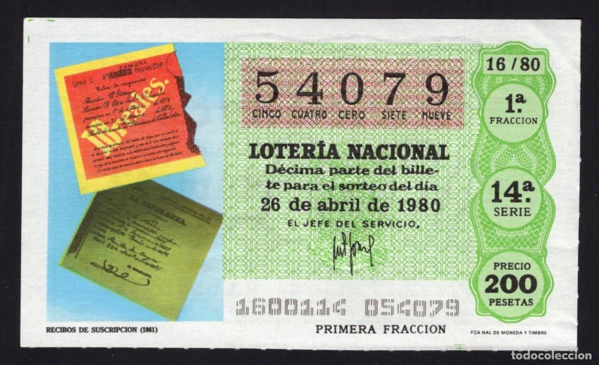 Loter&iacute;a nacional: L. Nacional 26 Abril 1980. Recibos Suscripci&oacute;n. N&ordm; 54079. Admon 12. Conchita. Madrid. Desaparecida.