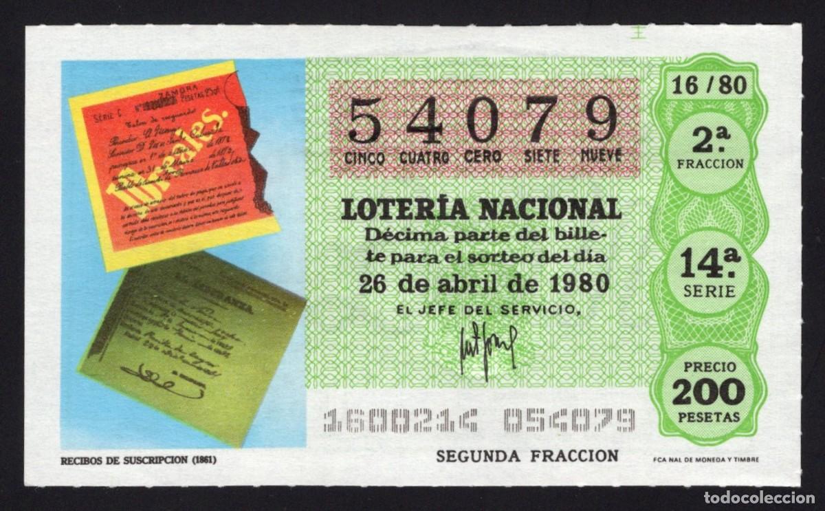 Loter&iacute;a nacional: L. Nacional 26 Abril 1980. Recibos Suscripci&oacute;n. N&ordm; 54079. Admon 12. Conchita. Madrid. Desaparecida.