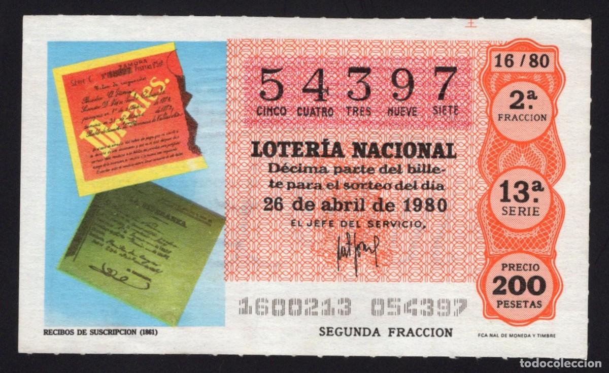 Loter&iacute;a nacional: L. Nacional 26 Abril 1980. Recibos Suscripci&oacute;n. N&ordm; 54397. Admon 62. La Paloma. Madrid. Desaparecida.