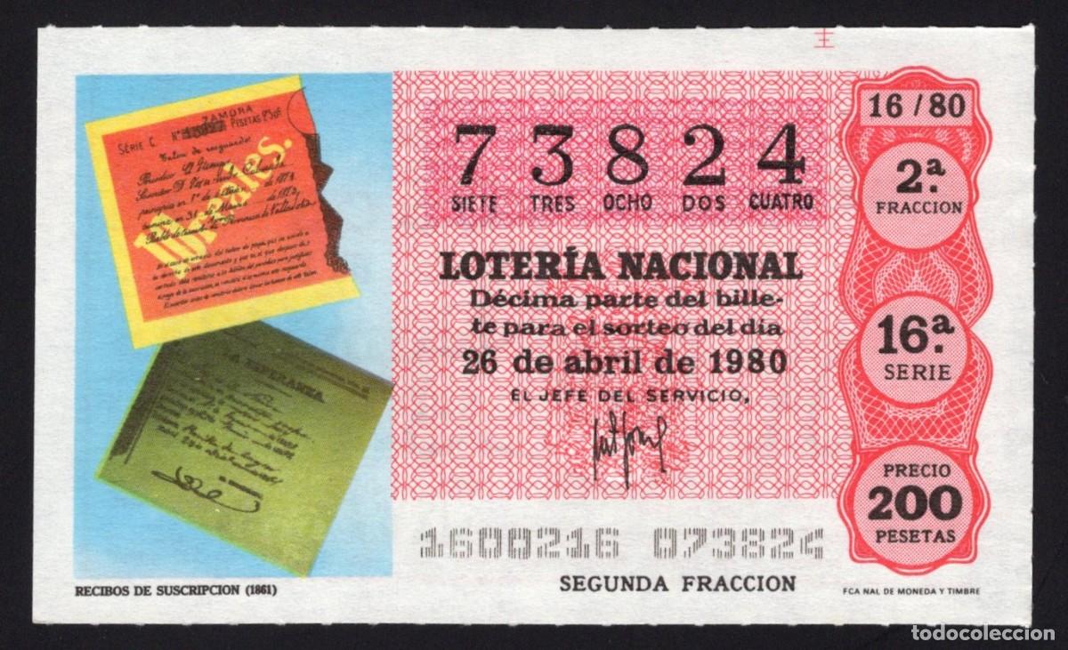 Loter&iacute;a nacional: 1980 26/04/1980 L. Nacional 26 Abril 1980. Recibos Suscripci&oacute;n. N&ordm; 73824. Admon 12. Conchita. Madrid