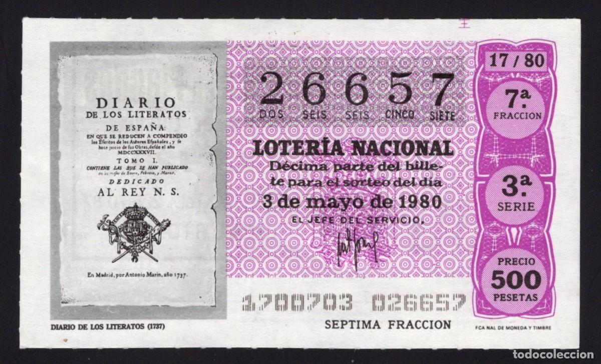 Loter&iacute;a nacional: L. Nacional 2 Mayo 1980. Diario de Literatos. n&ordm; 26657. Admon. 125 La Pica en Flandes. Madrid. Desap