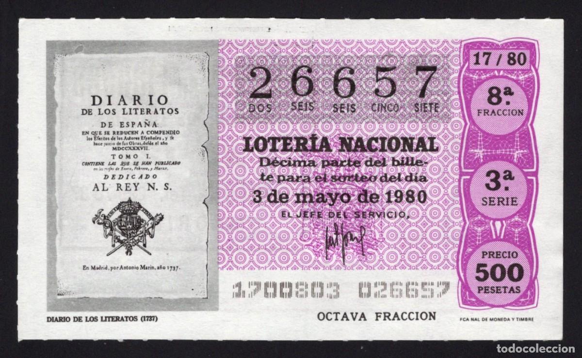 Loter&iacute;a nacional: L. Nacional 2 Mayo 1980. Diario de Literatos. n&ordm; 29625. Admon. 125 La Pica en Flandes. Madrid. Desap