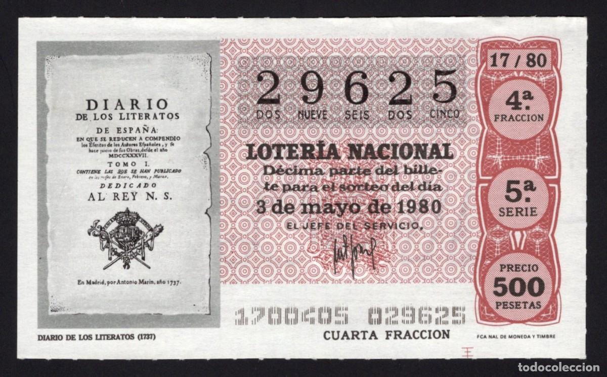 Loter&iacute;a nacional: L. Nacional 2 Mayo 1980. Diario de Literatos. n&ordm; 29625. Admon. 1. Alcala de Henares. Desaparecida.