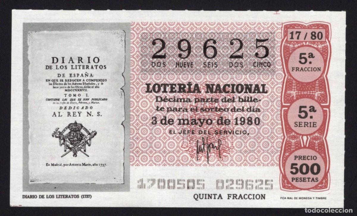 Loter&iacute;a nacional: L. Nacional 2 Mayo 1980. Diario de Literatos. n&ordm; 29625. Admon. 1. Alcala de Henares. Desaparecida.