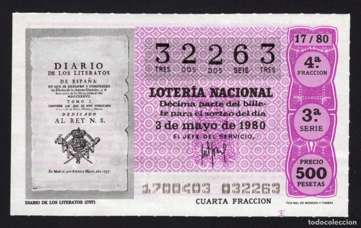 Loter&iacute;a nacional: L. Nacional 2 Mayo 1980. Diario de Literatos. n&ordm; 32263. Admon 51. Madrid. Desaparecida.