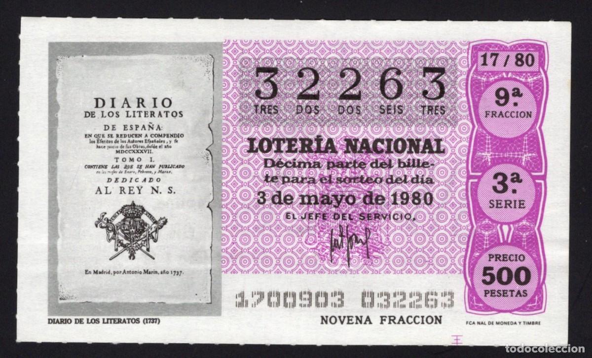Loter&iacute;a nacional: L. Nacional 2 Mayo 1980. Diario de Literatos. n&ordm; 32263. Admon 51. Madrid. Desaparecida.