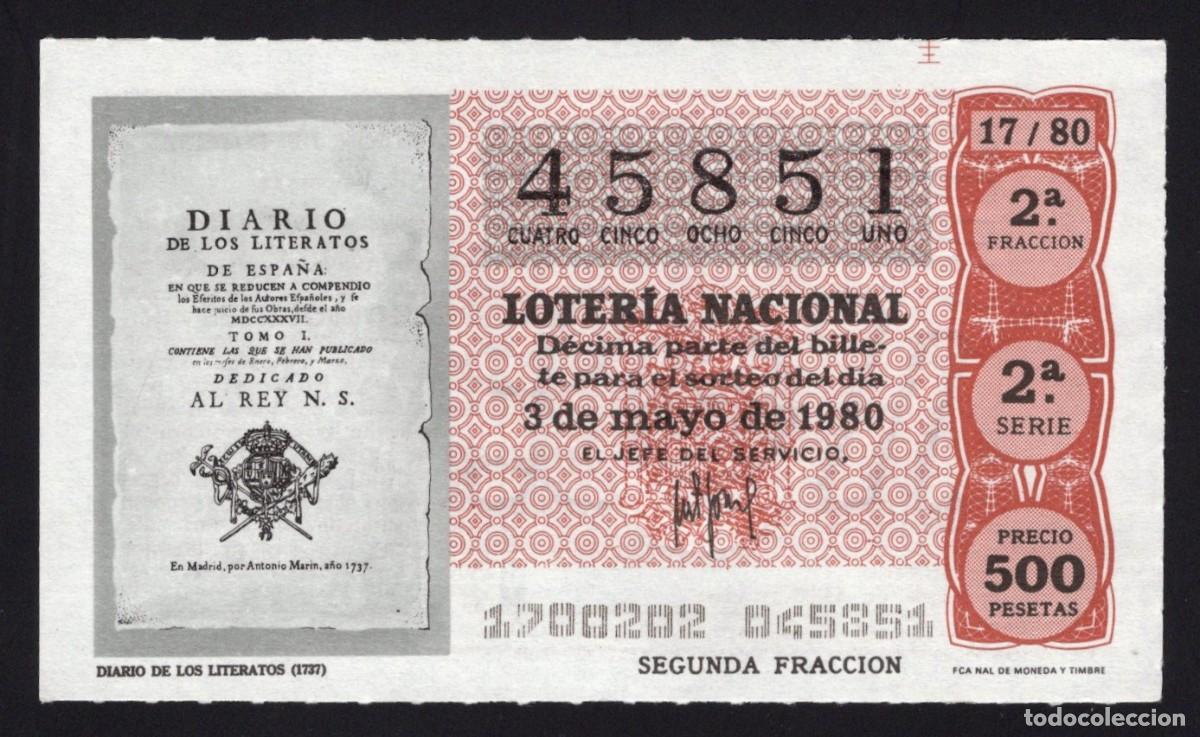 Loter&iacute;a nacional: L. Nacional 3 Mayo 1980. Diario de los Literatos. N&ordm; 45851. Admon 12 Conchita. Madrid. Desaparecida.