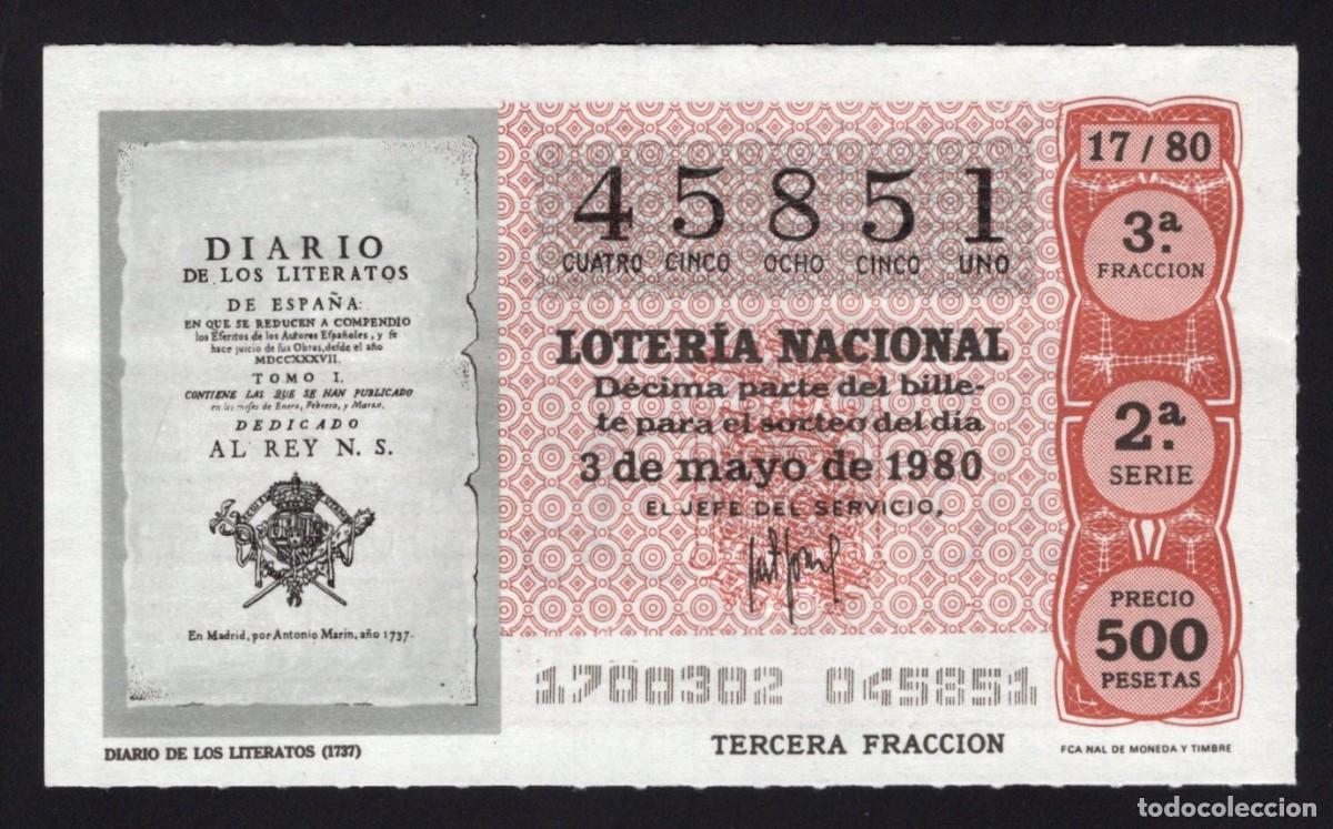 Loter&iacute;a nacional: L. Nacional 3 Mayo 1980. Diario de los Literatos. N&ordm; 45851. Admon 12 Conchita. Madrid. Desaparecida.