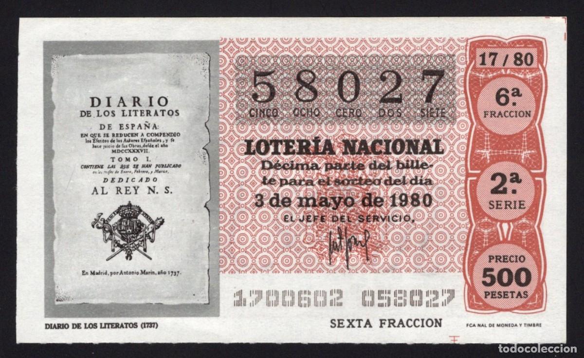 Loter&iacute;a nacional: L. Nacional 3 Mayo 1980. Diario de Literatos. n&ordm; 58027. Admon. 13. Madrid. Desaparecida